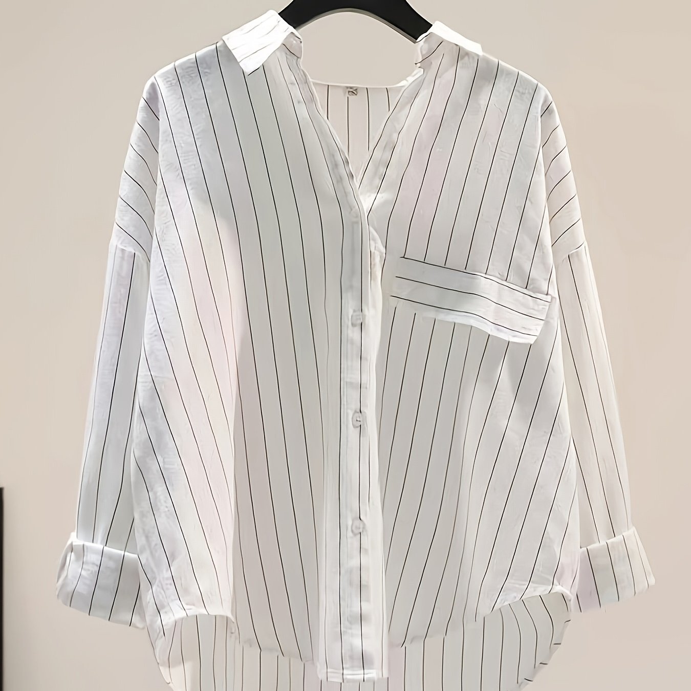TEMU White Vertical Striped Long Sleeve Shirt, Women's Spring Summer Fall Casual Loose Lazy Style Blouse Inner Outer Wear