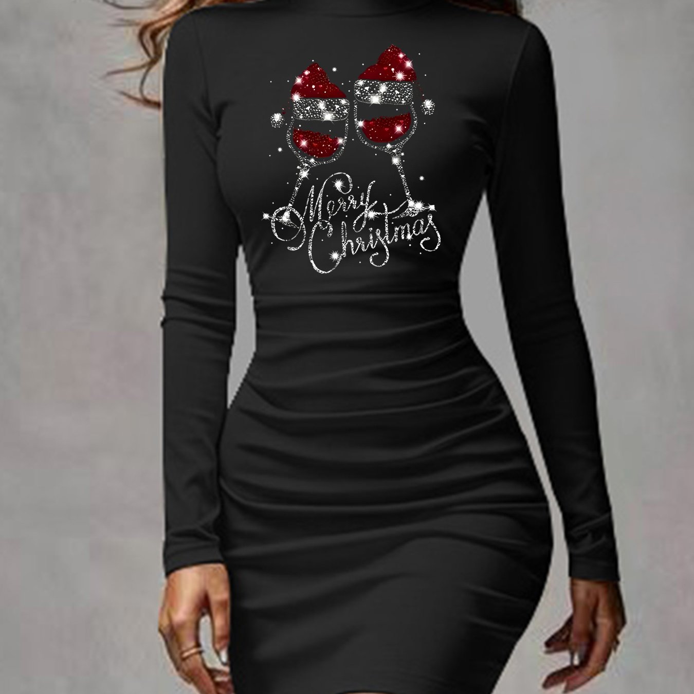 Image of Women's Autumn/winter Casual Simple Long-sleeve T-shirt Dress With Wine Glass Letter Print, Slim Fit, High Neck, Hip-hugging, For Commuting