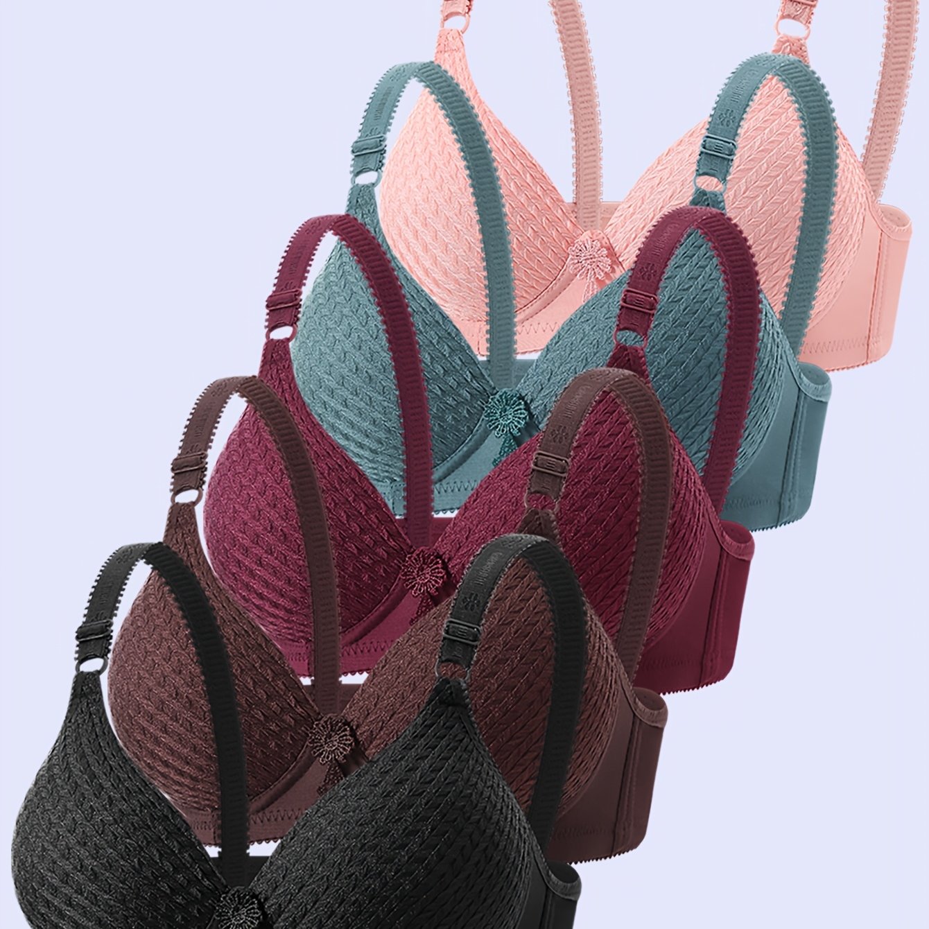 TEMU Juego de 5 sujetadores para mujer sin aros, estilo con aros con copas fijas para soporte lateral, efecto fruncido, cómodos, antiflaccidez, para