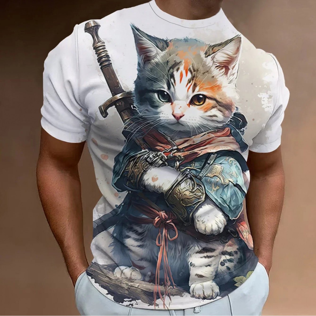 TEMU Men's Short-sleeve T-shirt With A Cat Print, Stylish Quick-