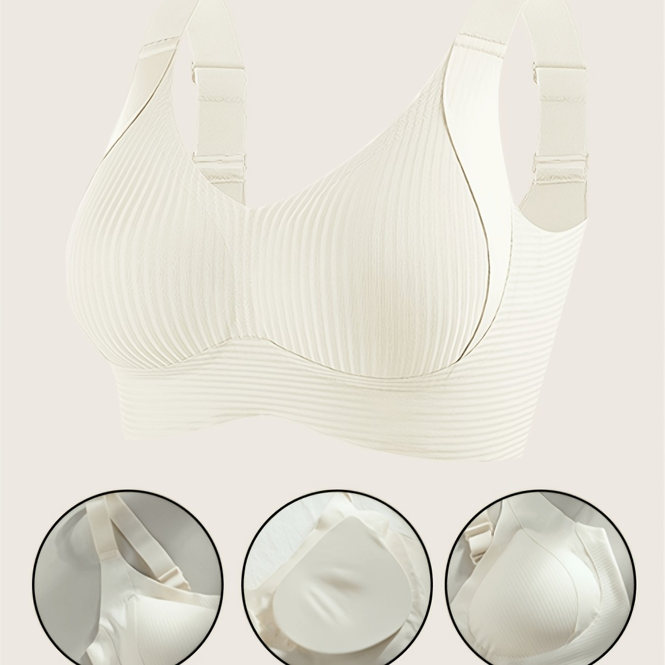 TEMU 2026 Spring New Women's Plus-size Full-coverage Push-up Bra - Wireless, Adjustable Straps, Seamless Design, With Removable Pads And Side Stripes
