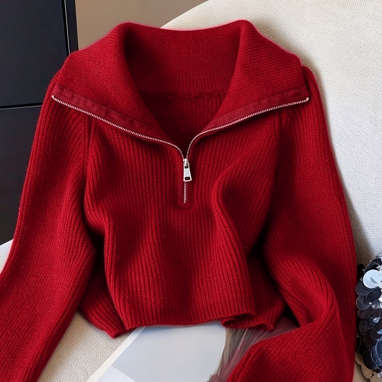 TEMU Women' Retro -neck Half-zip Sweater - Thickened Warm Cropped Pullover With Lapel Collar, Loose -line Short Top, Solid Color Sweater Suitable For