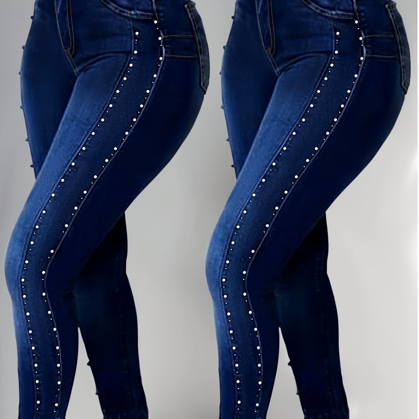 Image of Beaded Slim Fit Washed Denim Pants, Suitable For , Medium Stretch Fabric Comfortable And Stylish, Tummy Control And Hip Lift, Women's Fashionable Simple Versatile Elegant Style(no Belt)