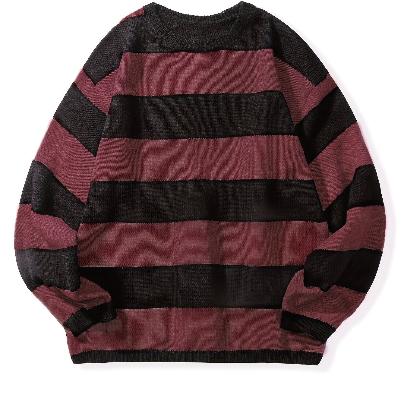 TEMU Pull Tricoté Homme Motif Rayé Rétro Preppy, Chaud et Décontracté, Légèrement Extensible, Col Rond, Idéal Automne Hiver, , Essentiels d'Automne