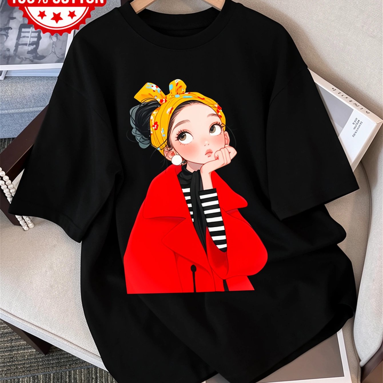 Image of Women's Casual Top, Cartoon Style, With Headband, Jacket, Black And White Striped Korean-, Loose Fit, Short Sleeve, Round Neck, Pure, Women's T-shirt