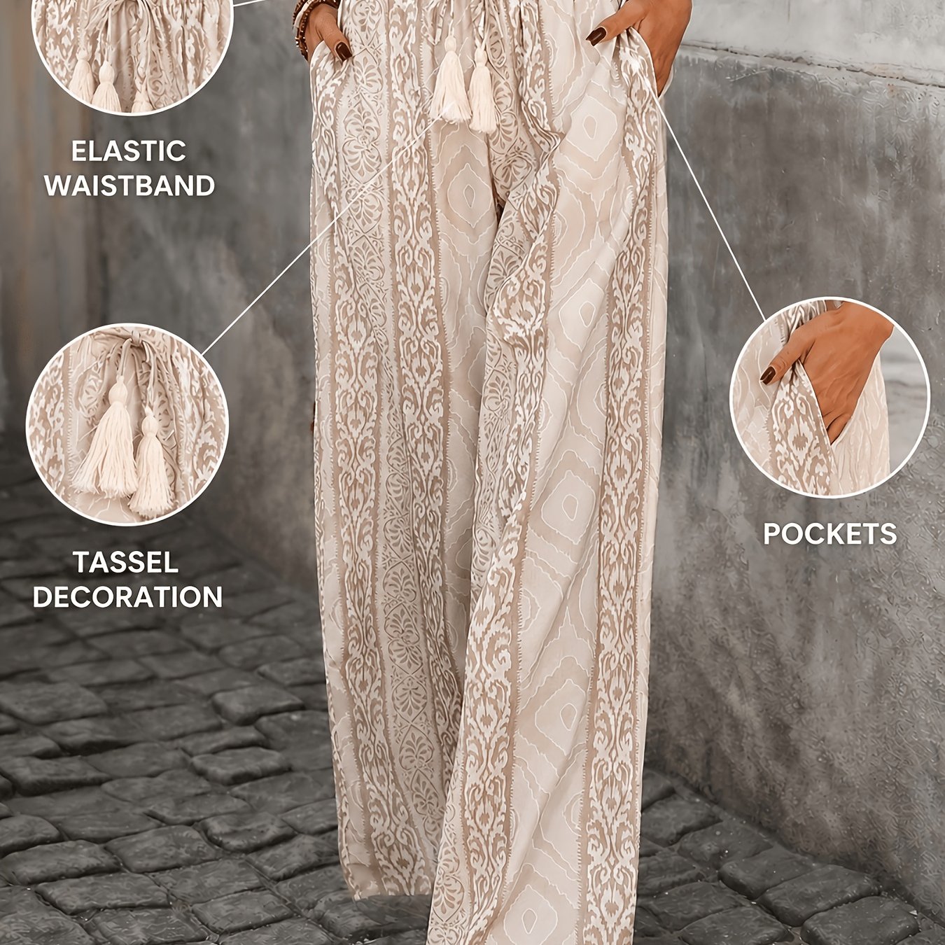 TEMU Pantalones largos de pierna ancha con cordón y borlas para mujer, estampado geométrico bohemio de cintura , pantalones con estampado geométrico,