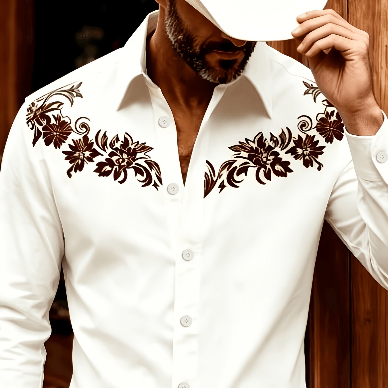 TEMU Men's Vintage Western Floral Print Long-sleeve Shirt For Commuting, Light Business, Vintage Styling, And Daily Casual Wear