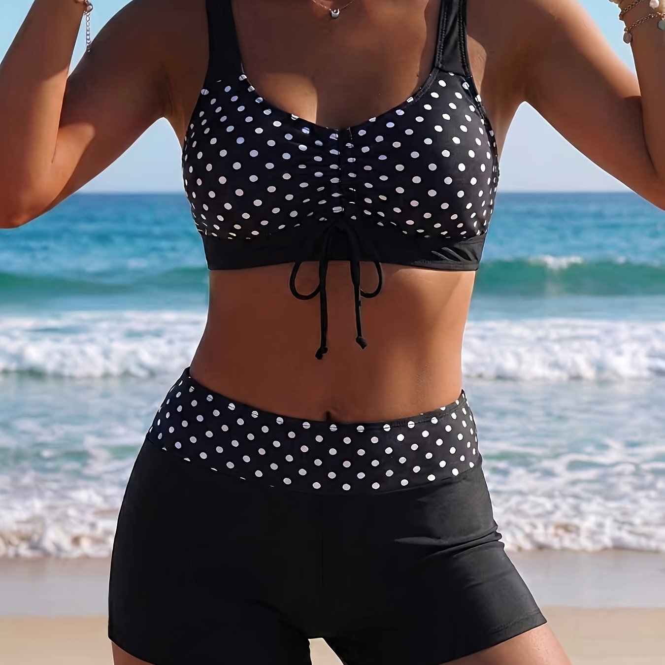 Vacation Women's Fashion And White Polka Dot Print Vacation Bikini Split Swimsuit