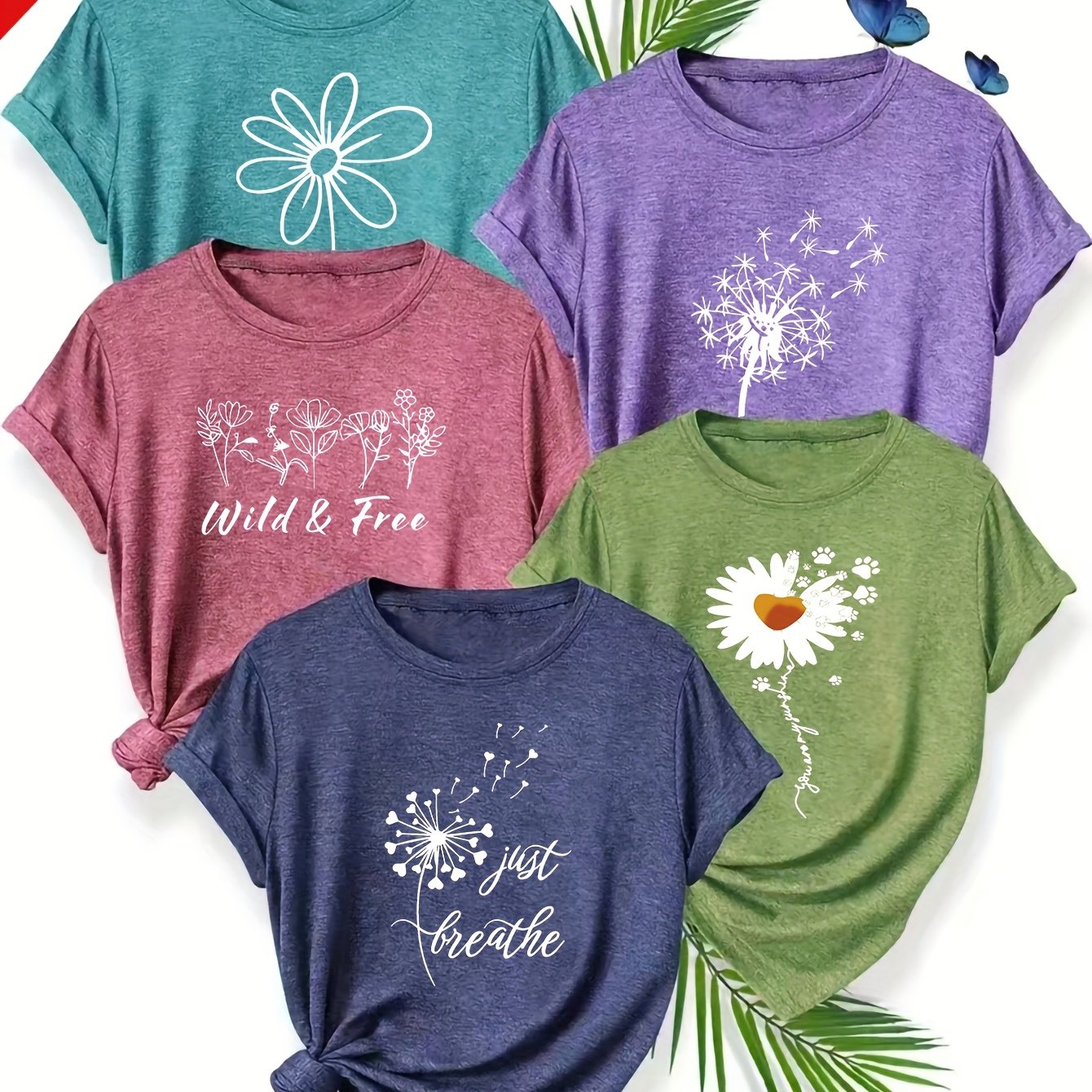 TEMU 5pcs Floral And Letter Print Women's Sporty Casual Vintage Style T-shirts, Spring/summer Short Sleeve Women's Apparel