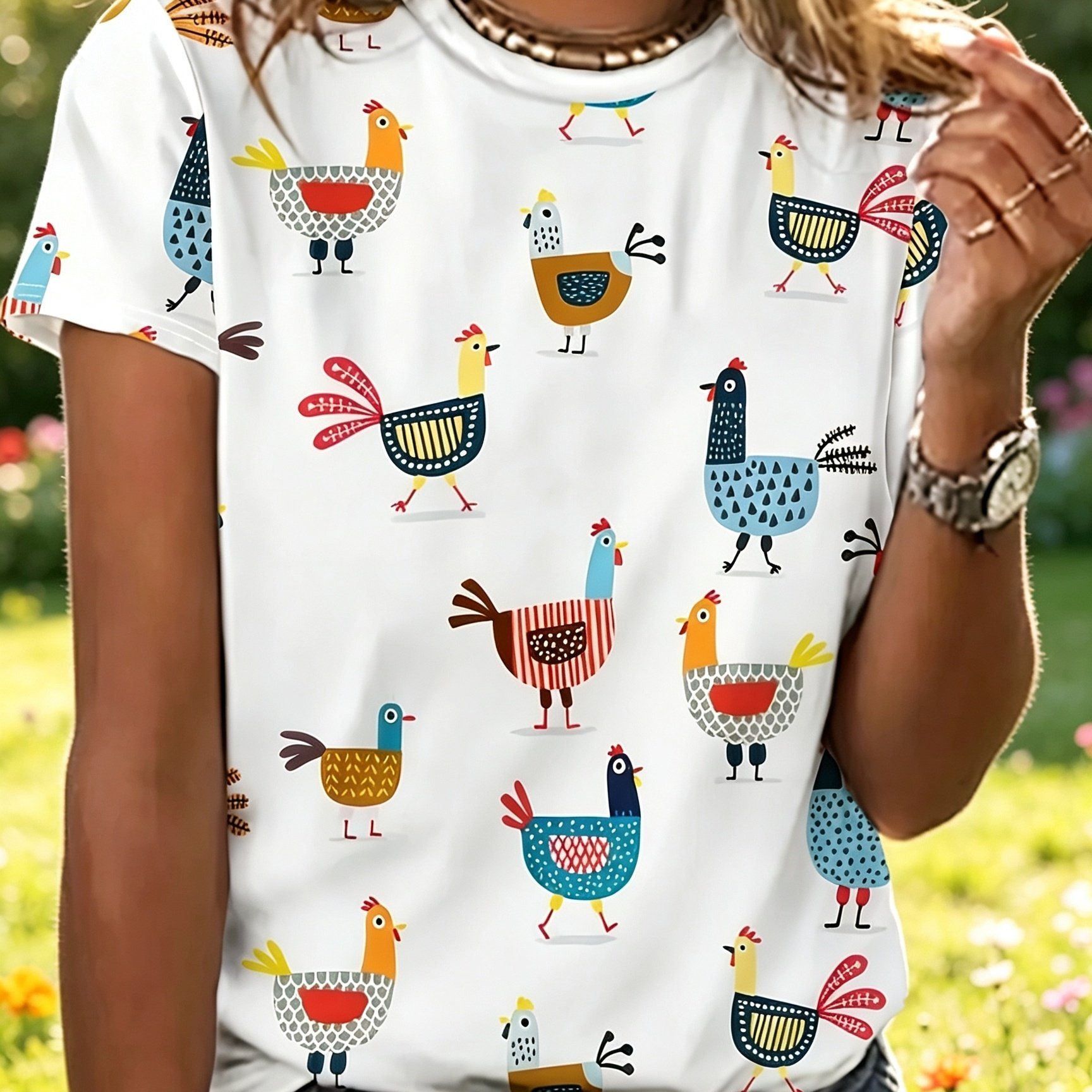 Image of Spring/summer Women's Fashion Cartoon Chicken Print Short Sleeve Round Neck T-shirt Top
