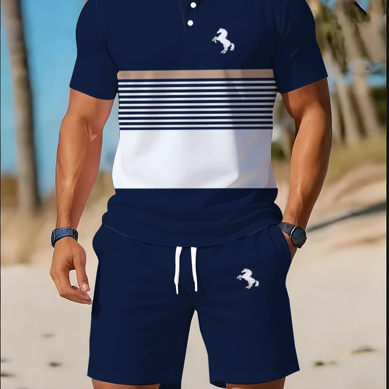 TEMU Men's Summer Micro-stretch Shirt Set With Geometric Pattern, Loose Fit Casual Wear, Lapel Style