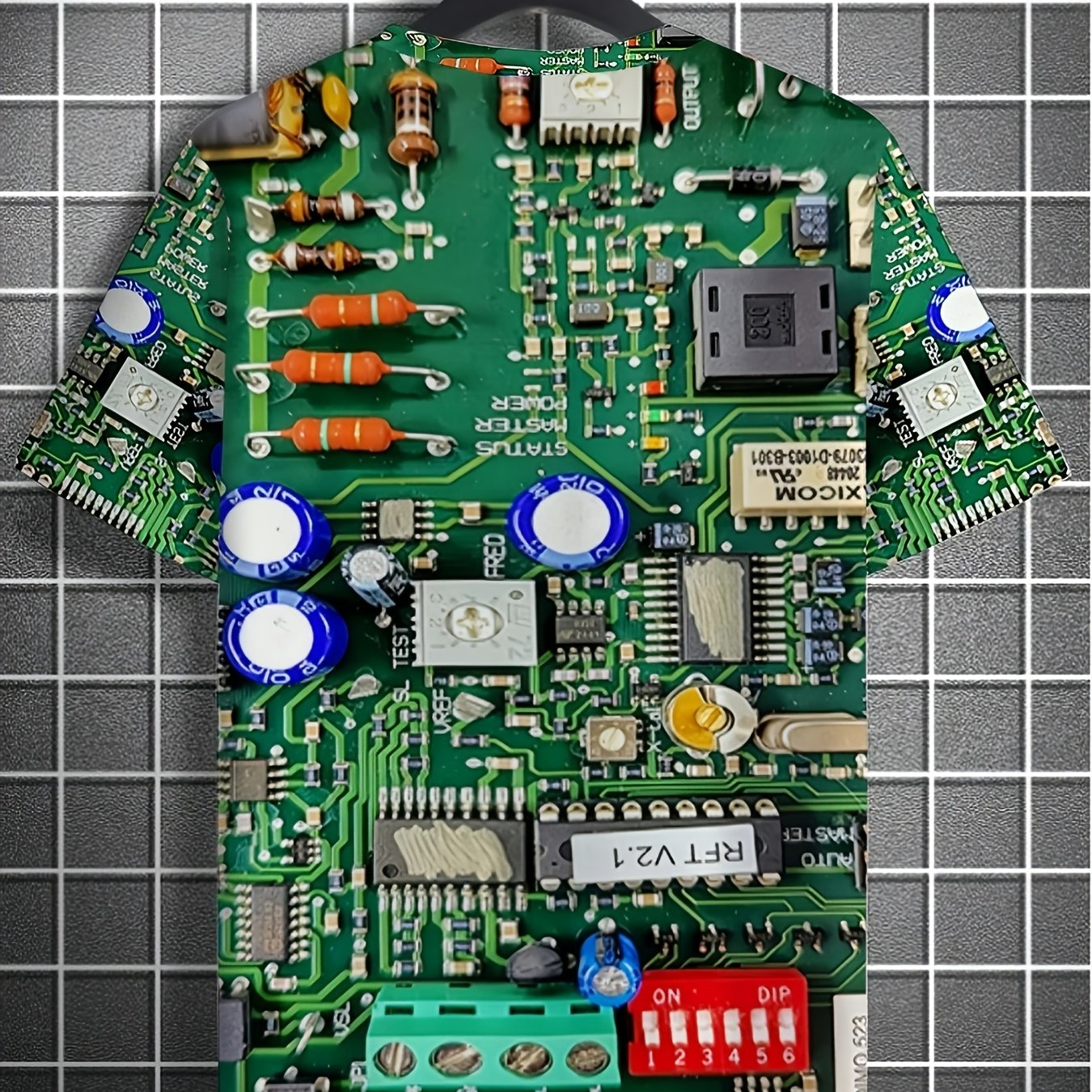 TEMU Men's Circuit Board Pattern Printed T-shirt, Vintage Electronic Component Texture Short Sleeve Shirt, Tech Enthusiast Casual Crew Neck Top,