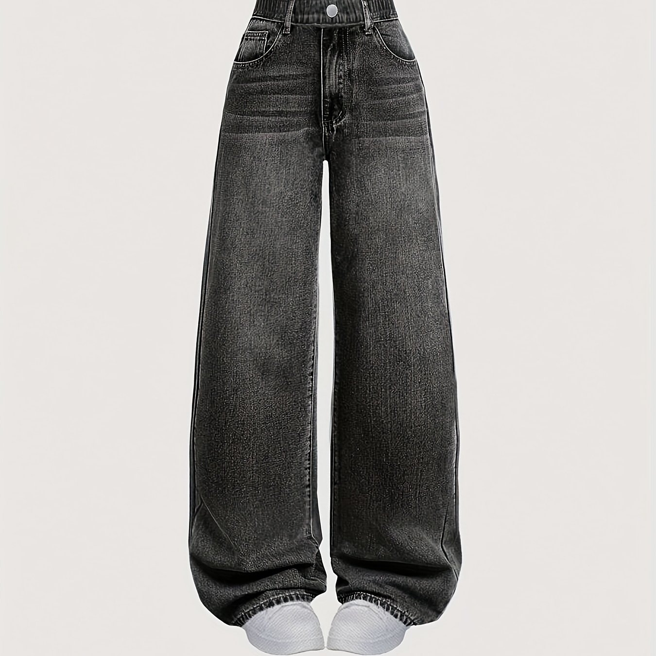 Image of Girls' High-waisted Wide-leg Denim For Teens, Featuring A That Highlights Energy. The Washed Black Color Showcases Fading Effect