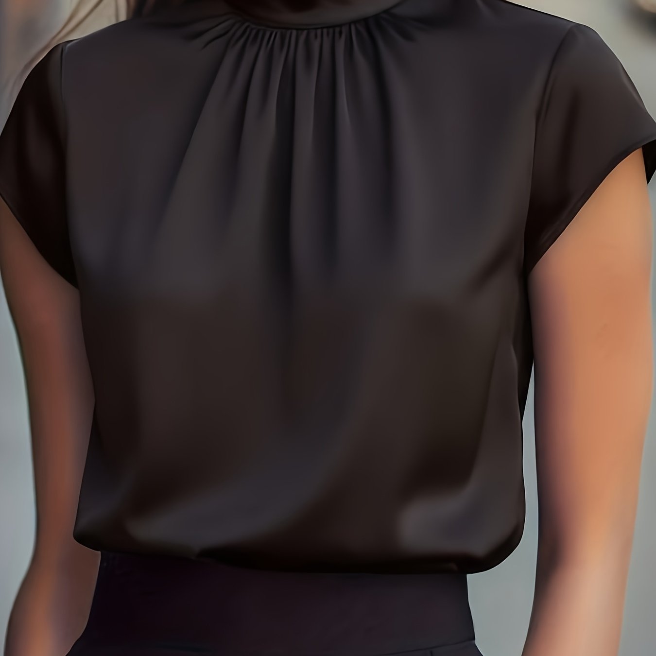 TEMU Elegantes Damenhemd mit Stehkragen, kurzen Ärmeln, strukturierter Faltenstoff und professionellem Design für Pendler