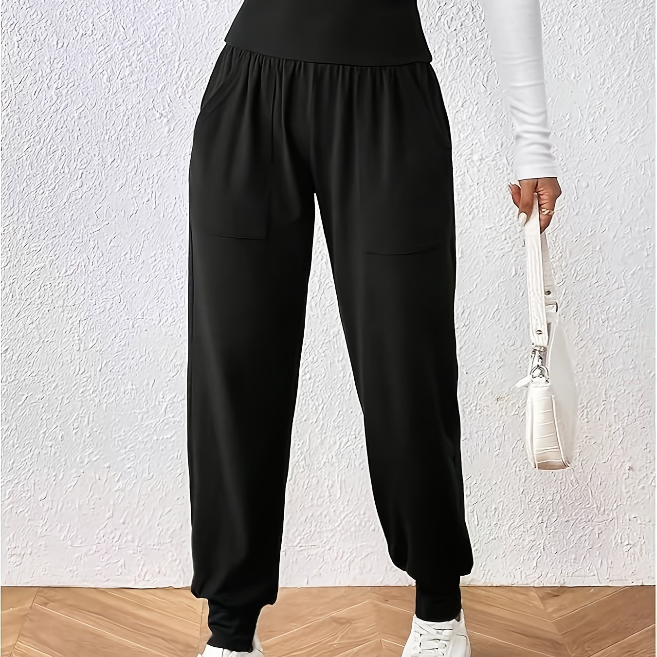 Solid Color Casual Women's High-waisted Pants With Pockets, Suitable For , Machine Washable And Dry