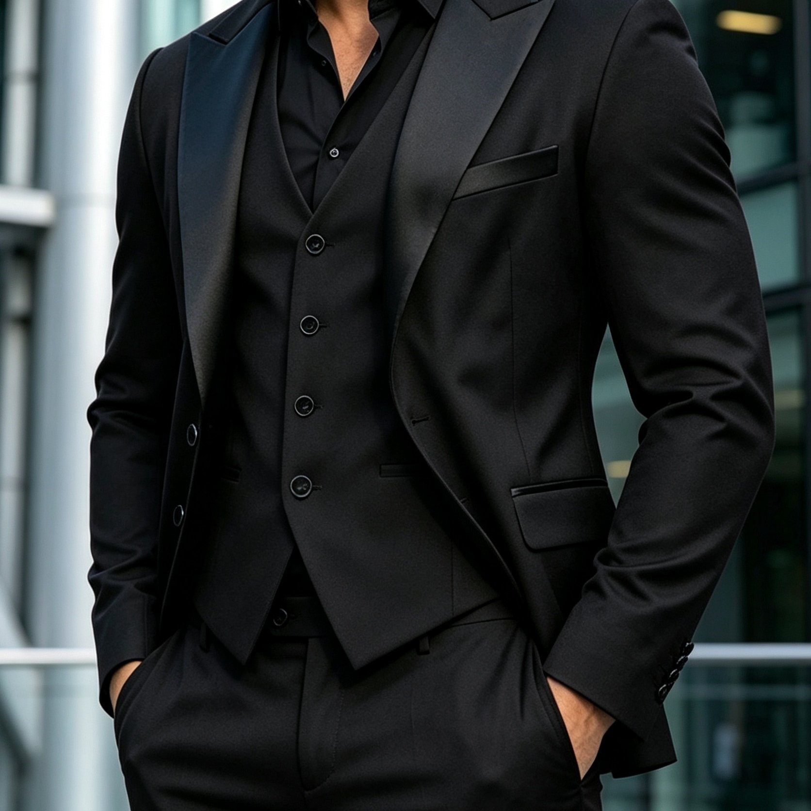 TEMU Black Single-breasted Notch Lapel Jacket, Vest, And Trousers Set, Elegant And Classic Formal Attire For Weddings And Business Signings