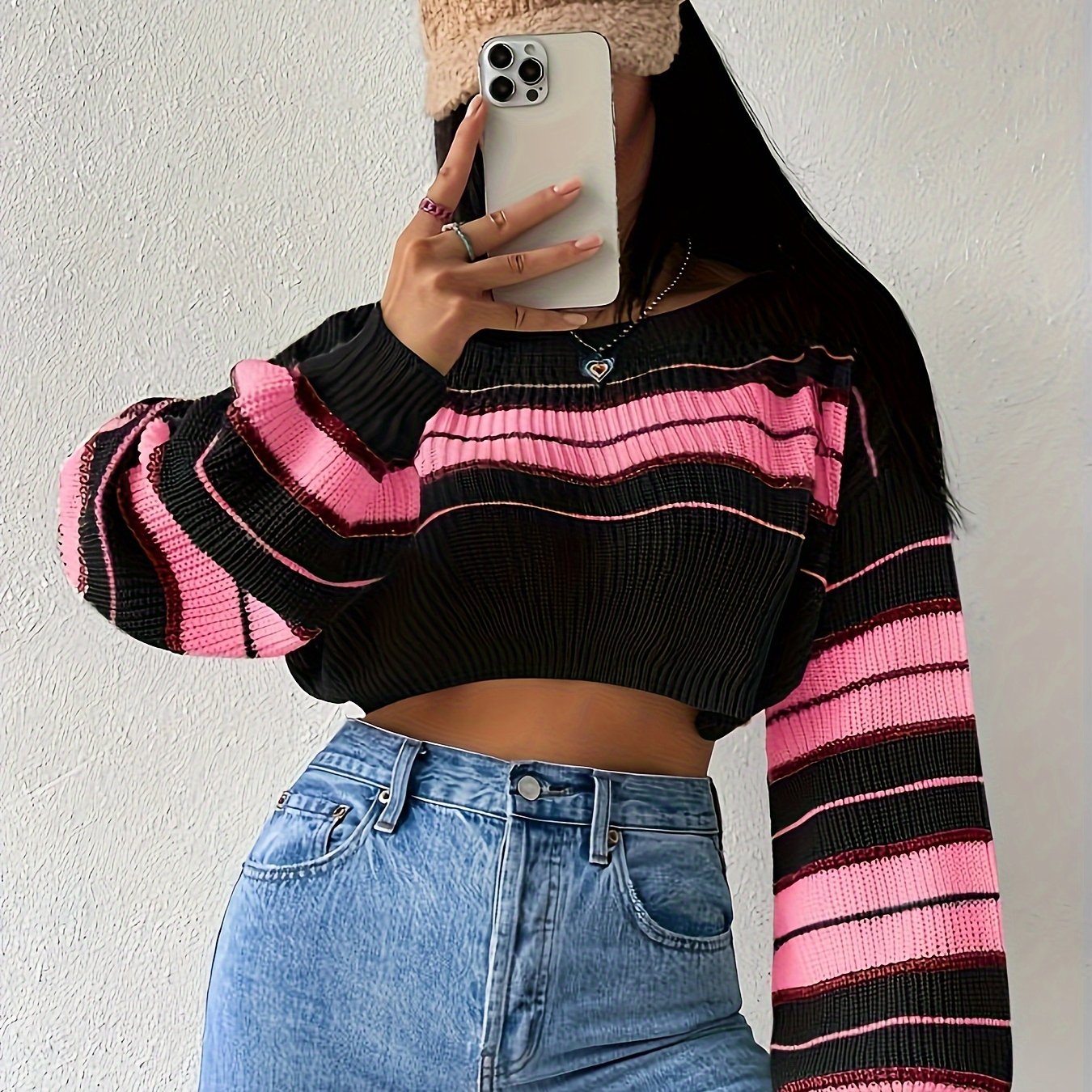 TEMU Women's Long-sleeved Striped Sweater, Perfect For Spring And Fall, Featuring A Sweet And Spicy Design, Ideal For A Casual Look