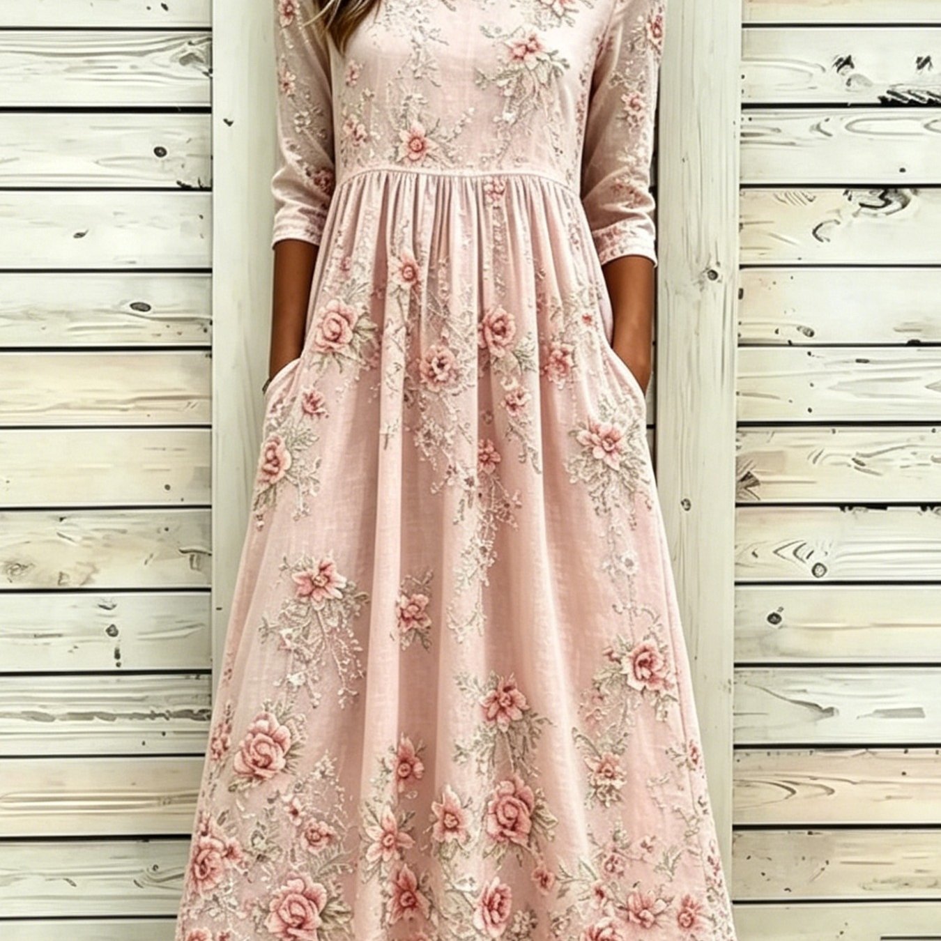 Elegant Women's Floral Print Midi Dress With Round Neckline And Pockets