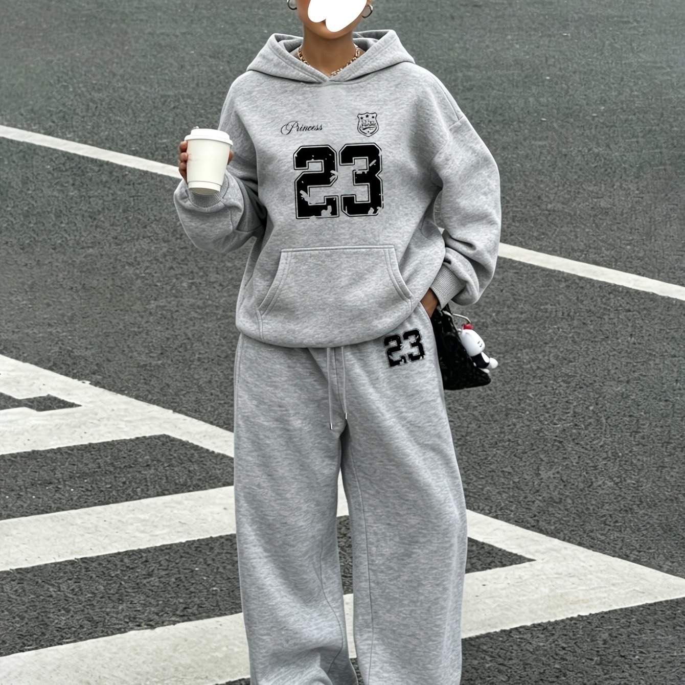TEMU Fashion Women's 2pcs Set Distressed Number 23 Pattern Print Fleece-lined Fall Winter Style Loungewear Casual Streetwear Sweatshirt And Joggers