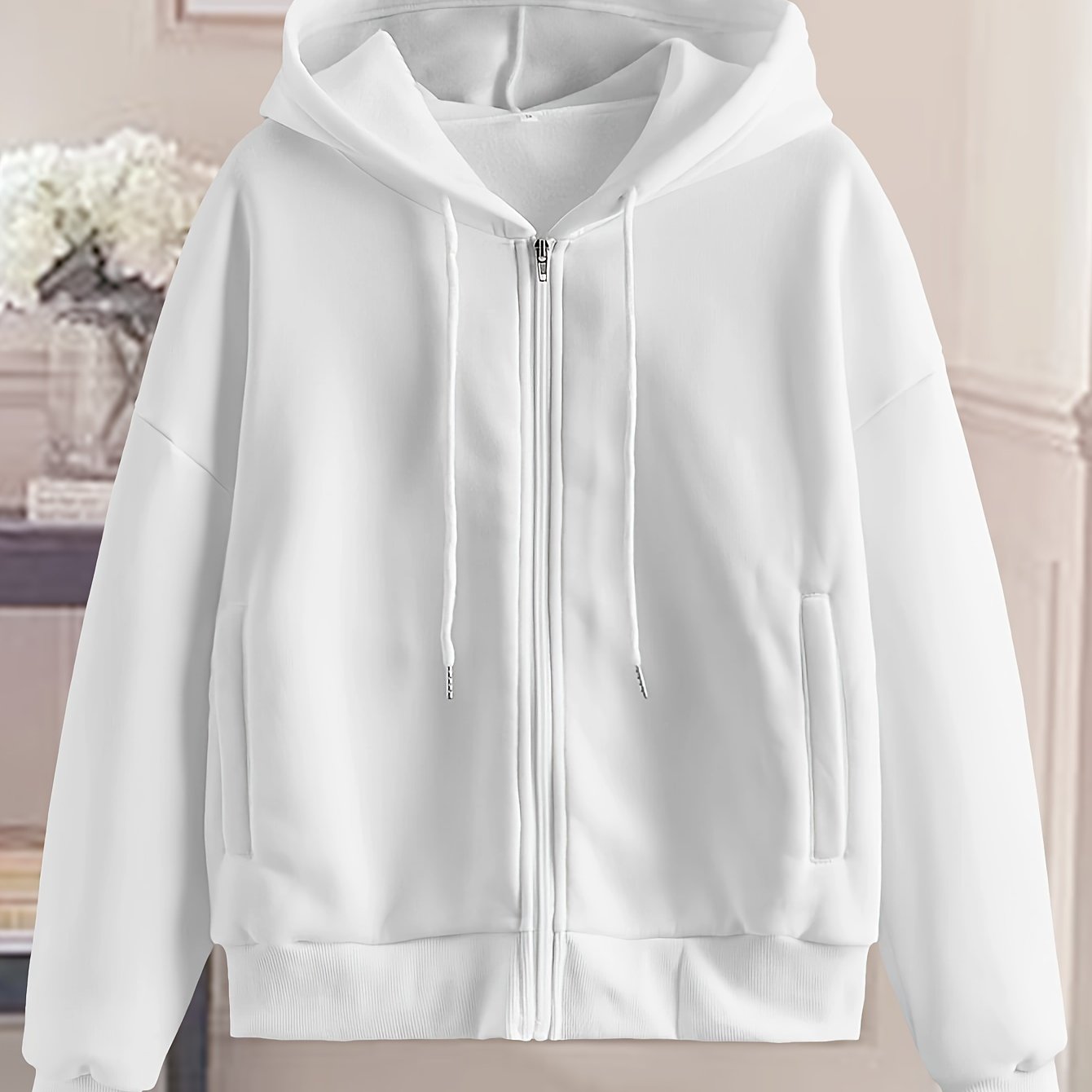 TEMU Women's Chic White Zip-up Hoodie - Casual Polyester Sweatshirt With Geometric Pattern, Machine Washable & Dry , Ideal For Spring/summer/fall, Sweater Hoodie