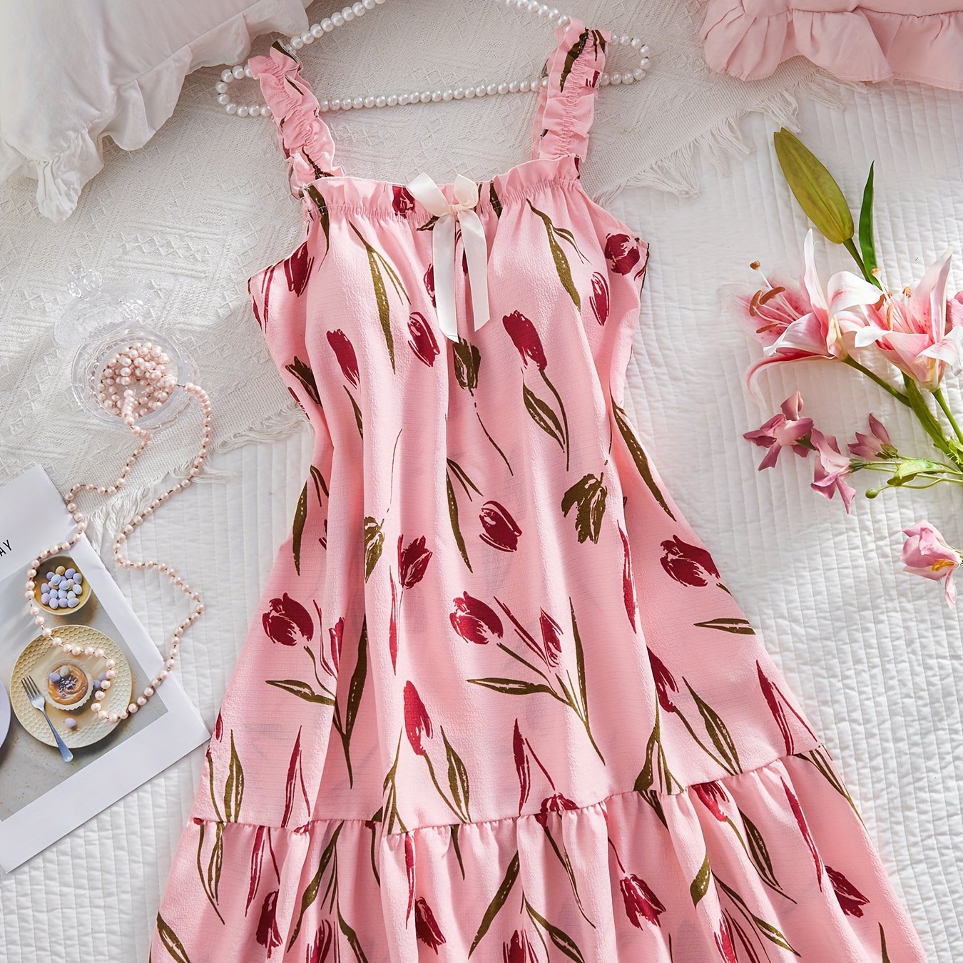 TEMU Floral Micro-elastic One-piece Sexy Suspender Homewear