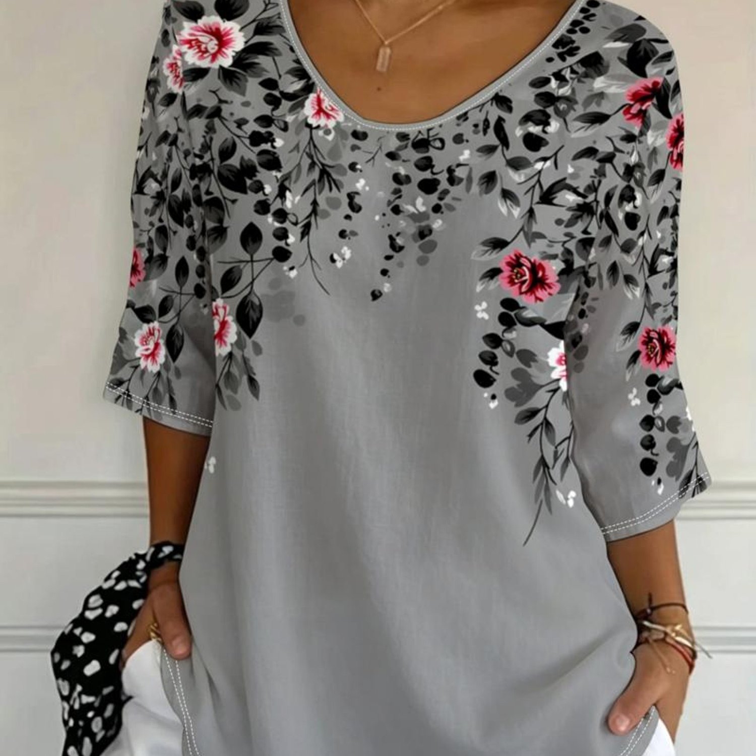 TEMU Plus Size Women's Floral Blouse, Mixed Colors, Multi-sizes , Fabric, Elegant Drape With Black White Red Flowers, Suitable For Casual And Office
