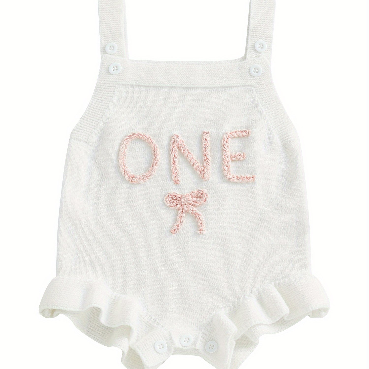 Image of Baby Girl Birthday Knit Overalls Sleeveless Square Neck Letter Bow Embroidery Sweater Romper, For Outdoor