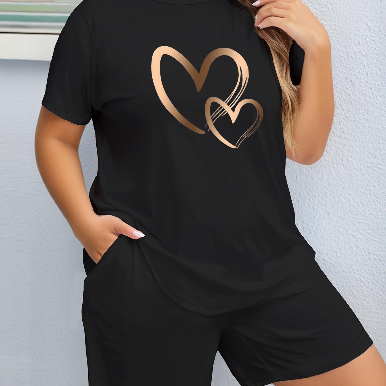 TEMU Plus Size - 2pcs Set Of Spring/summer Plus Size Women's Love Printed Daily Casual And Comfortable Round Neck Short Sleeved T-shirt And