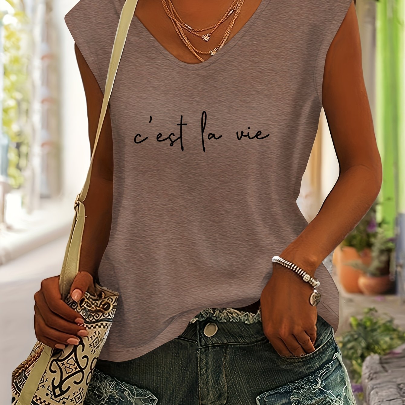 TEMU Letter Print European And Women's Spring And Summer Versatile Casual Vacation V-neck Drop-shoulder Short-sleeved T-shirt