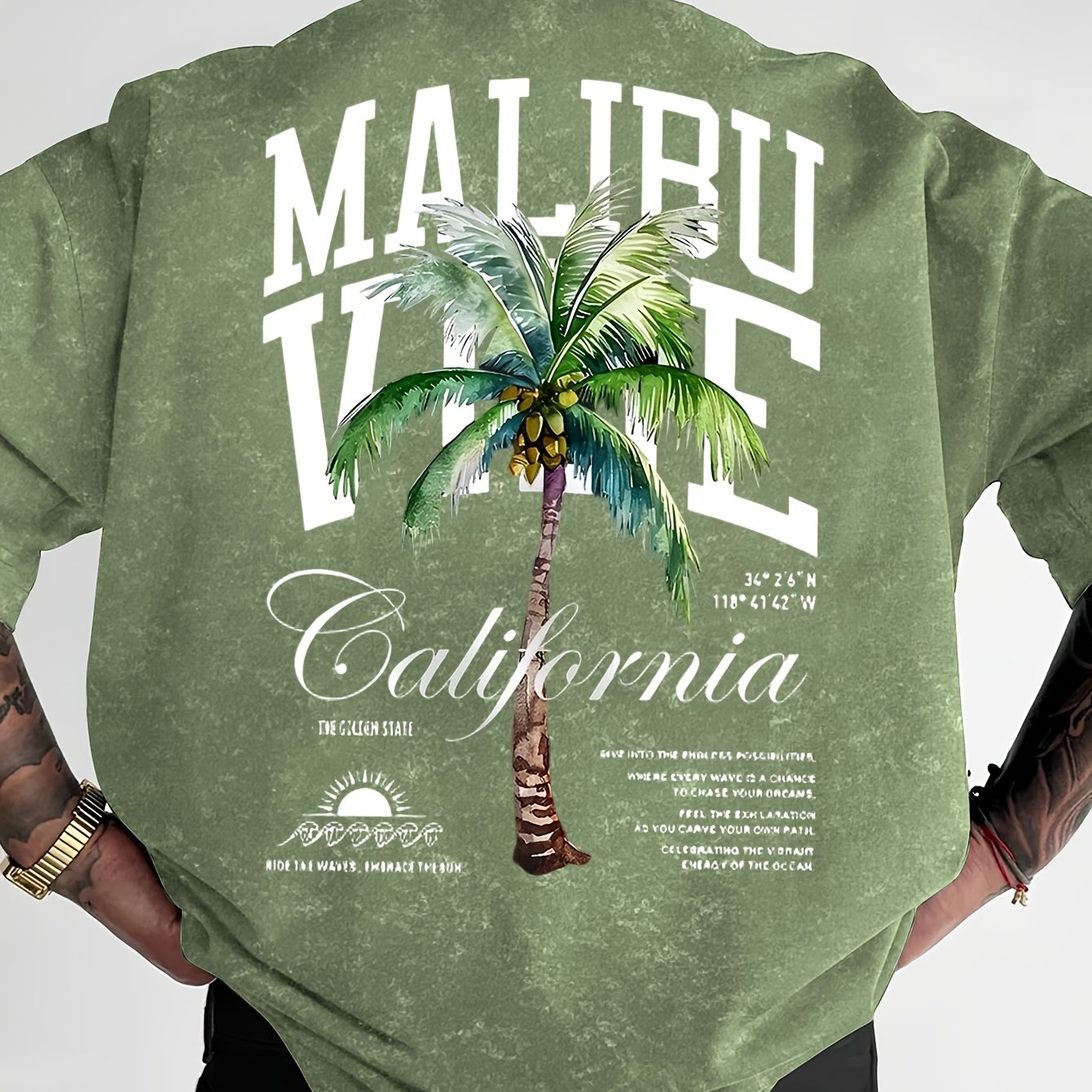TEMU Men's Letter And Coconut Tree Pattern Print T-shirt, Summer Crew Neck Irregular Texture Short Sleeve, Comfortable Top, Suitable As A Gift For
