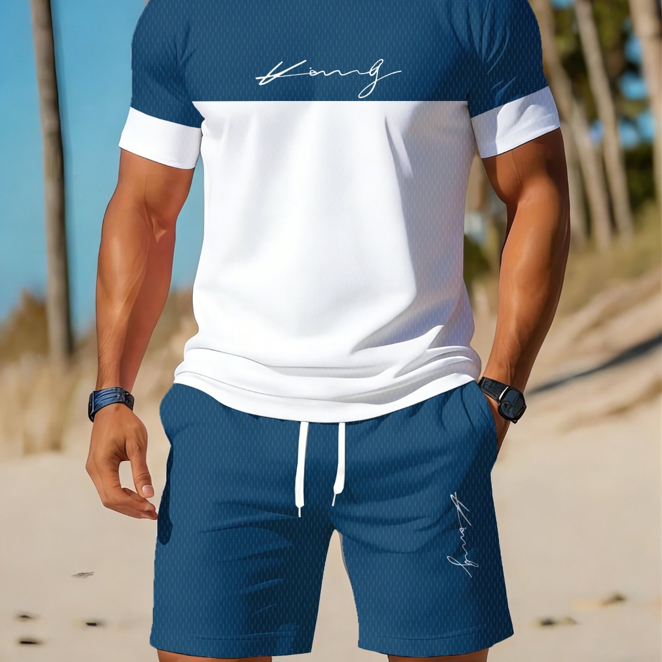E-shop Lässiges Sportliches Set Atmungsaktives Outdoor Freizeit Herren Rundhals T-Shirt und Shorts Set Sommer Digitaldruck Outfit Herren Erwachsene