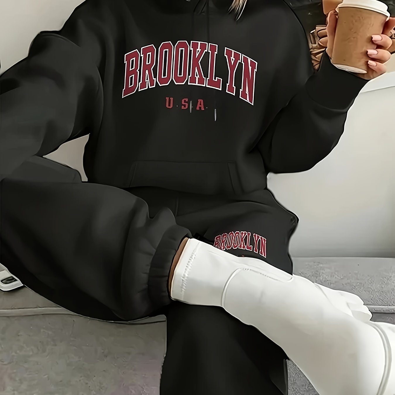 TEMU Graphic Letter Print Kangaroo Pocket Drawstring Hoodie & Jogging