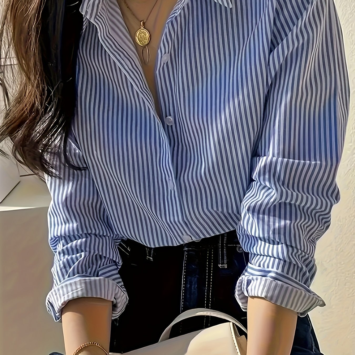 TEMU Women's Long Sleeve Blouse - Non-see-through Vertical Stripes Shirt, Collar Button-up Blouse For Office, Casual, Casual Attire - Women's