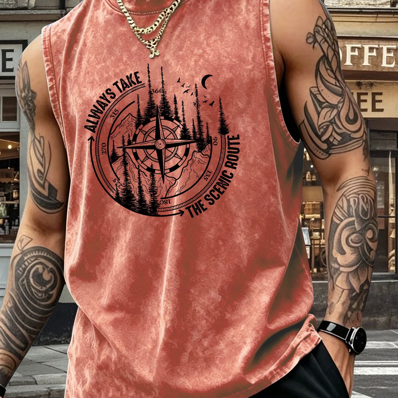 TEMU Minimalist Style Men's Washed Pure Sleeveless Tank Top, Distressed Print, Breathable And Sweat-wicking, For Sports, Outdoor, And Festival Wear