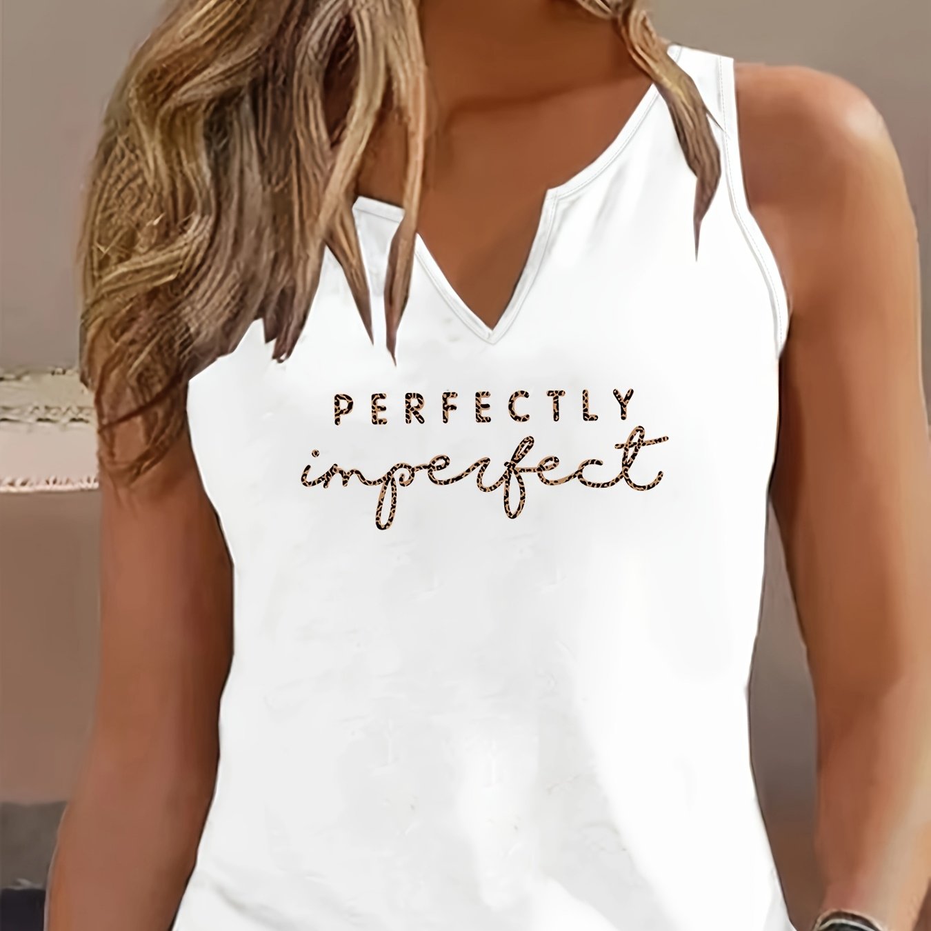 Image of Letter Print Tank Top, Sleeveless V Neck Casual Top For Summer & Spring, Women's Clothing