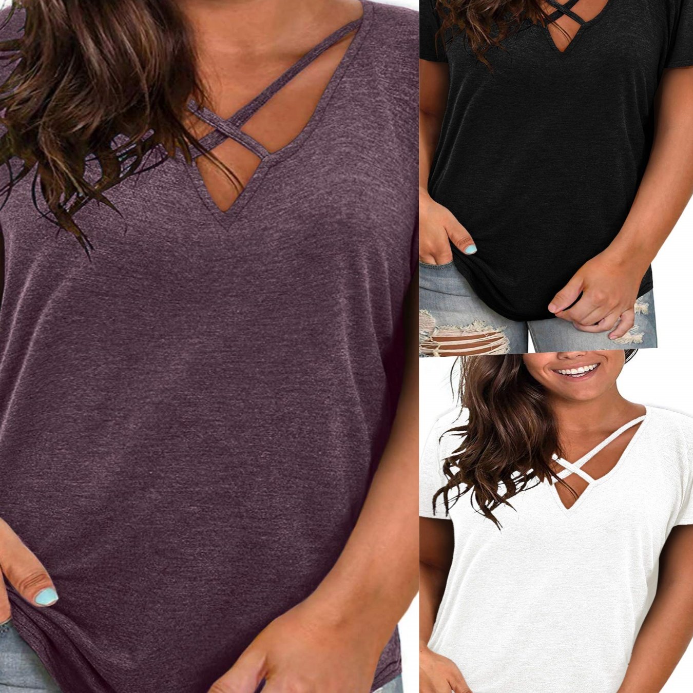 Casual Loose-fitting Short-sleeve Top For Women In Plus Sizes, Featuring A Sexy V-neck And A Belted Design