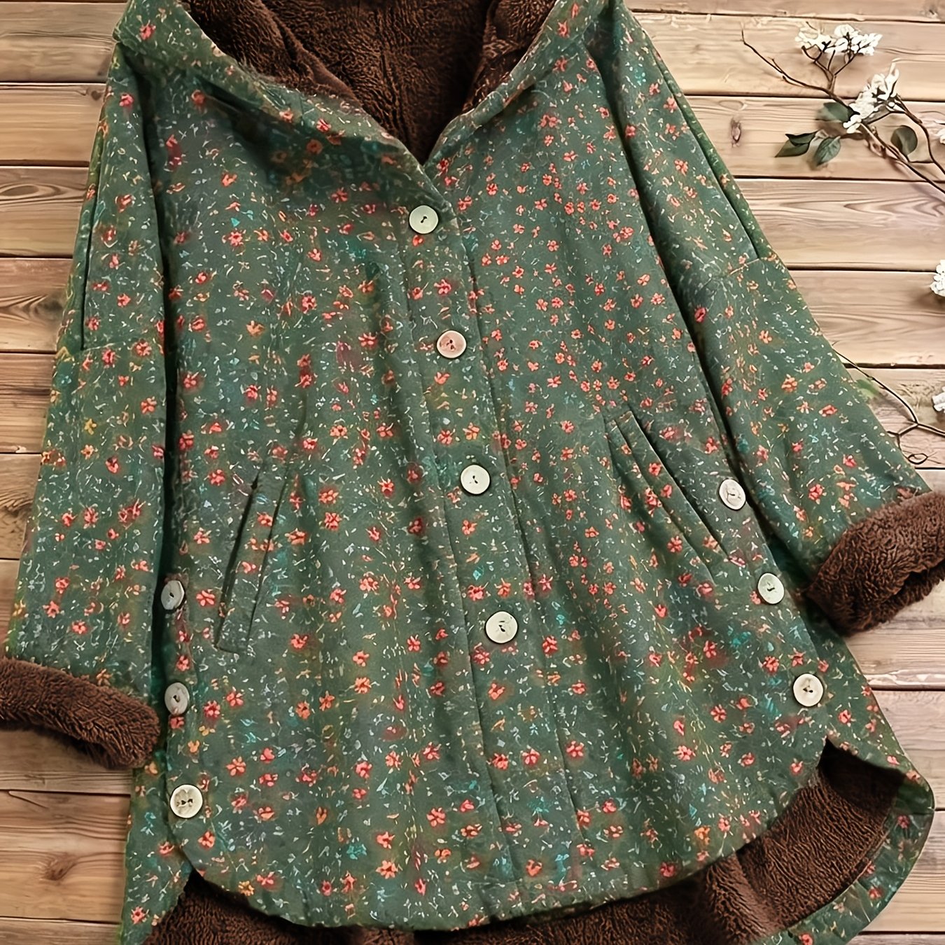 TEMU Autumn Winter New Style Ethnic Retro Small Floral Fleece Hooded Single-row Button Irregular Women's Coat