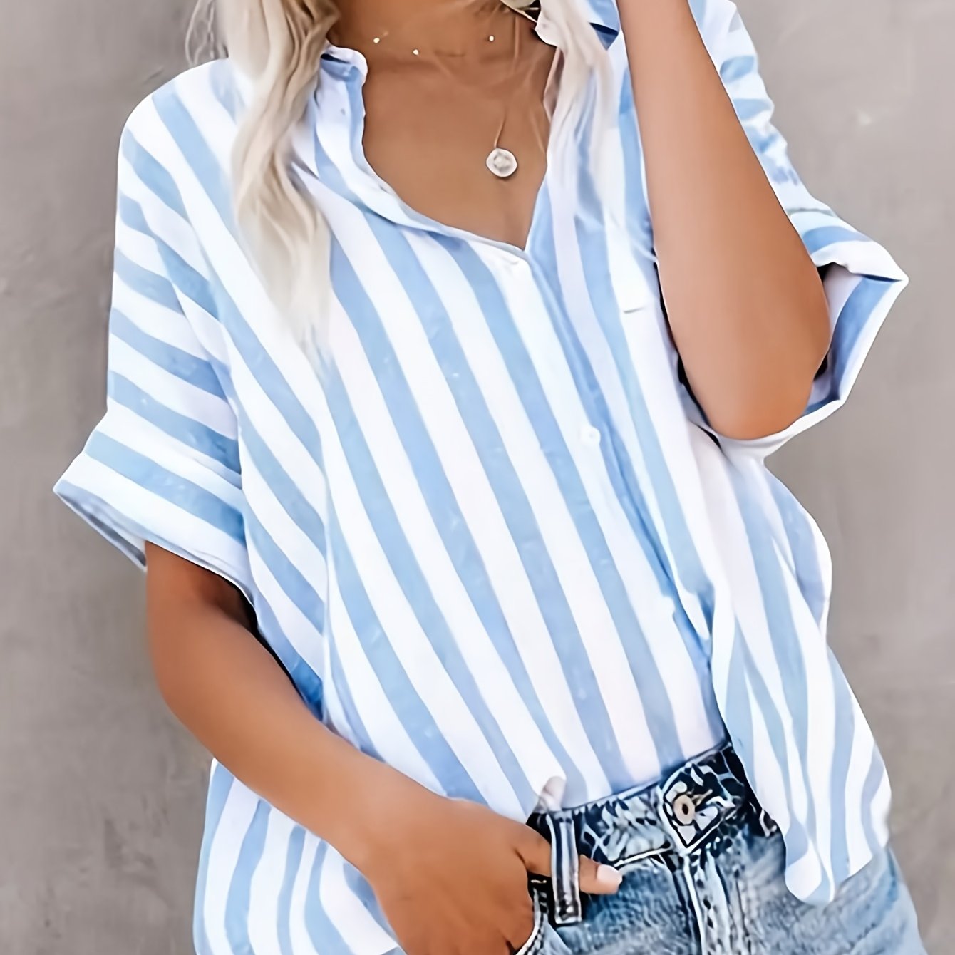 TEMU Spring/summer New Striped Cardigan Button-up Women's Elegant Shirt