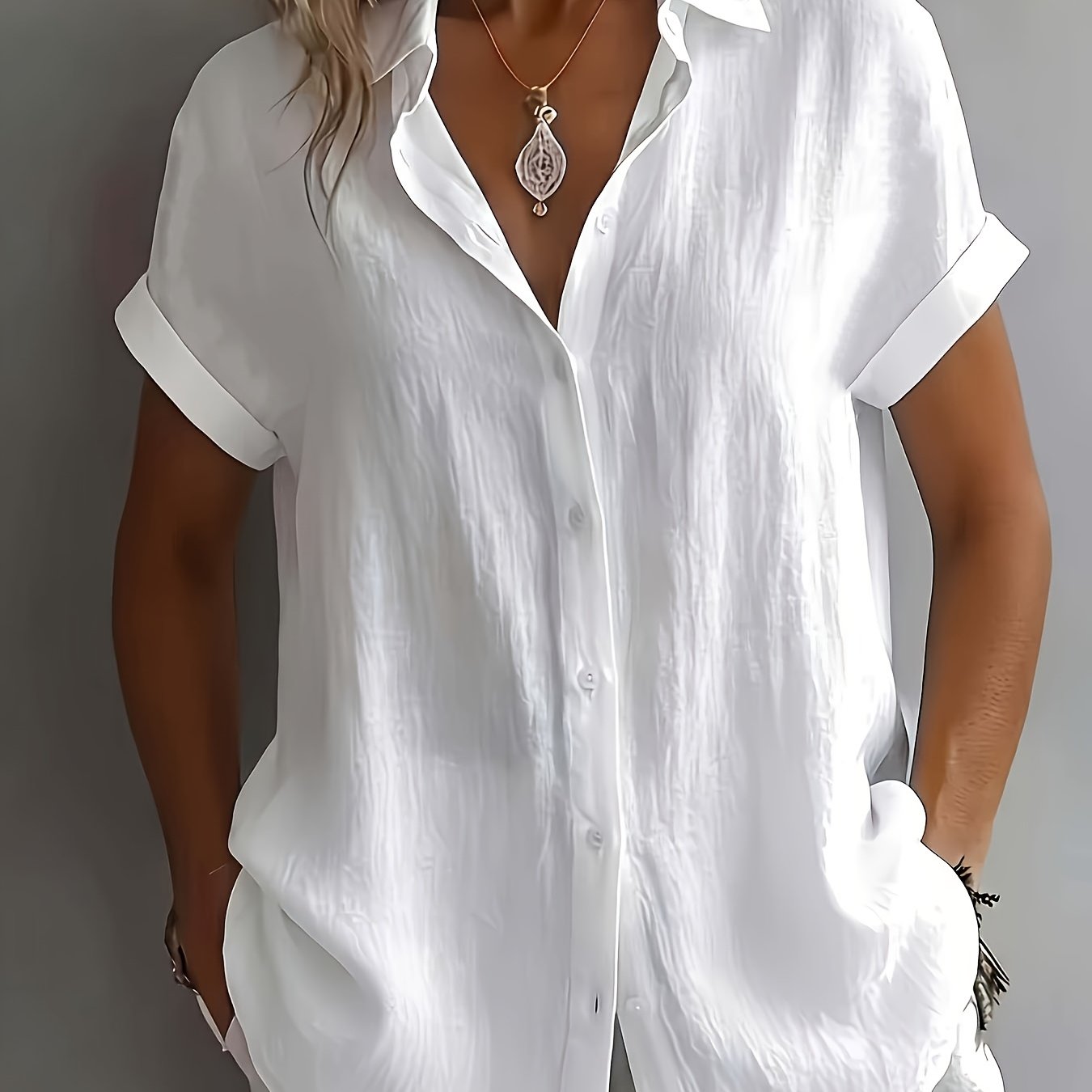 E-shop Damen Temperament Revershemd, lockeres Kurzarm Oberteil mit Einzelleiste zur Bauchkontrolle, atmungsaktiver, hautfreundlicher Leinenstoff,