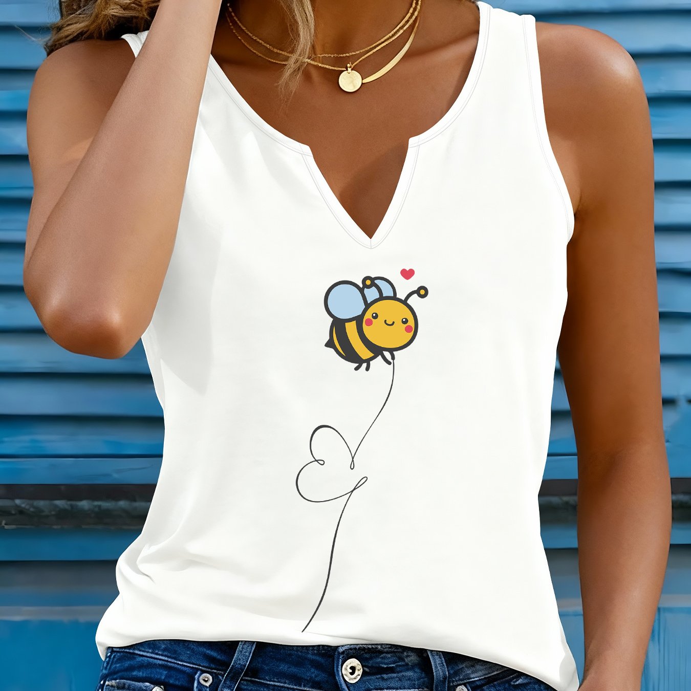 TEMU (052#) Women's Fashion Refreshing Vest, V-neck Sleeveless Vest For Women With Cute Bee And Heart Print, Casual Inner Wear Top