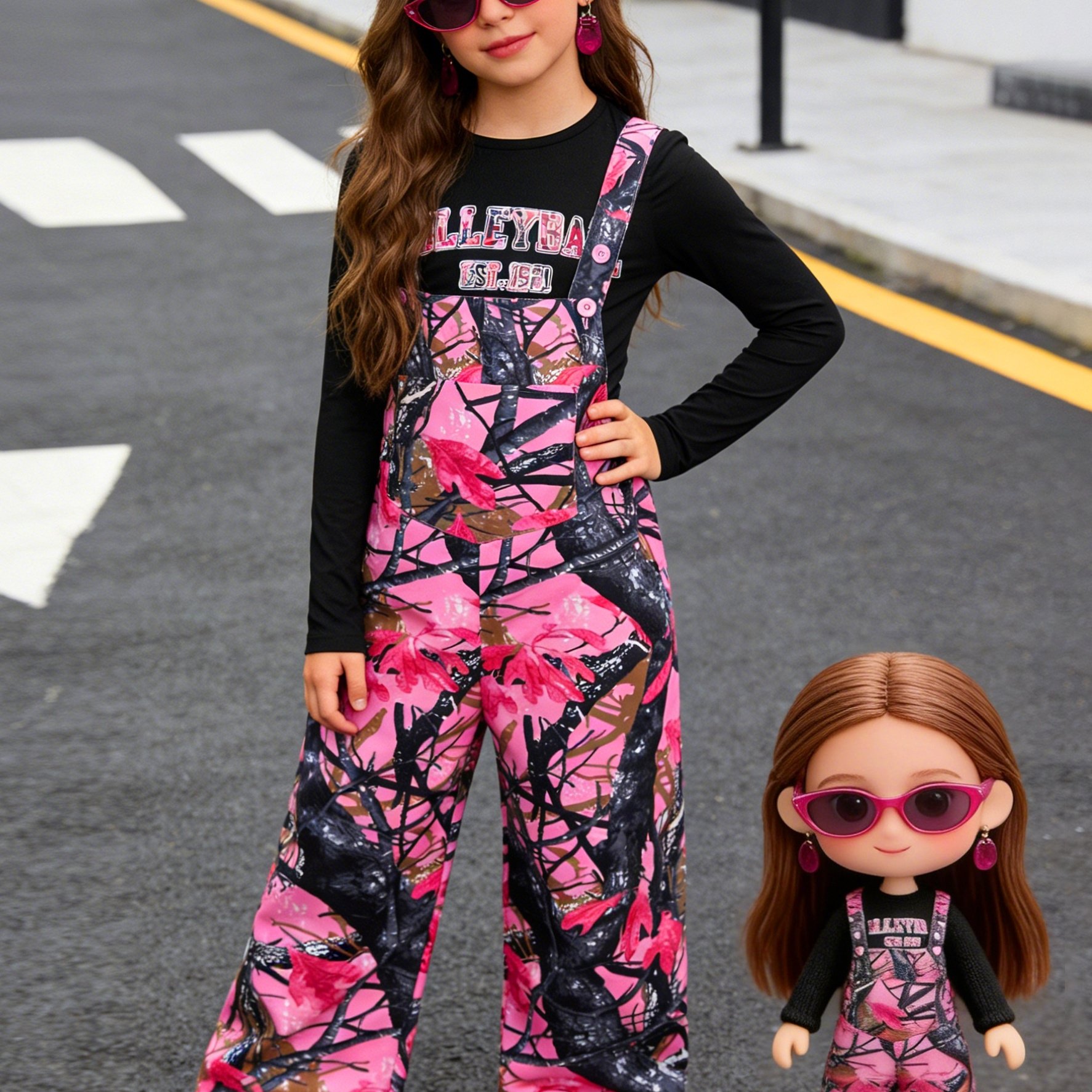 Image of Back-to- Girls' Clothing - Girls' , Sizes 120-160, Casual Letter Print Slim-fit Stretch Long Sleeve Top & Botanical Print Pocket Cargo Overalls Pants Set, Perfect For Outdoor