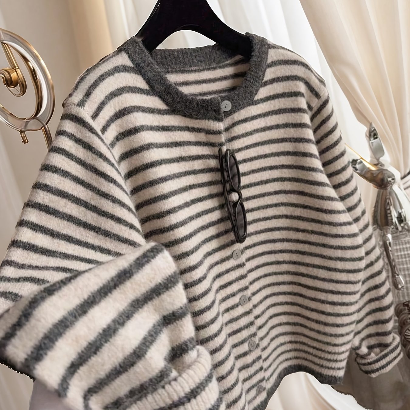 TEMU Cardigan-pull à rayures et de couleur pour femme avec boutonnage sur le devant - Haut à épaules tombantes - Ligne compatible | Col ras du cou