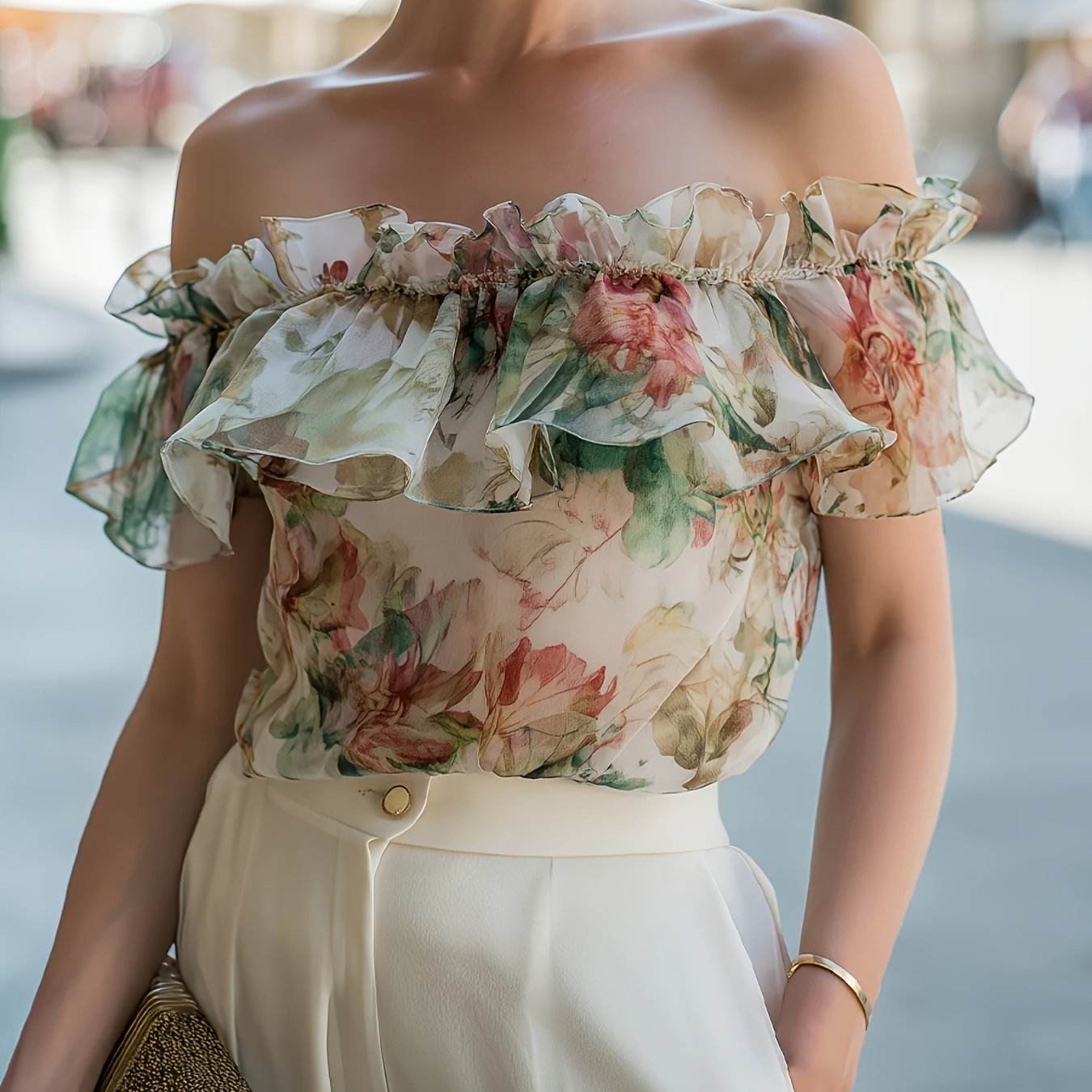 TEMU Women's Elegant Chiffon Printed Blouse, With Lining, Multicolor Floral Pattern, Classic Off-shoulder Design, Suitable For , Vacation Leisure,