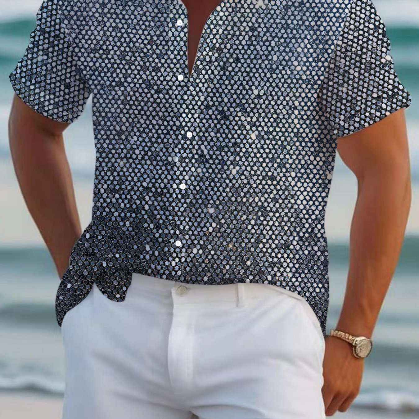 TEMU Men's Hawaiian Sequin Plaid Short Sleeve Shirt Summer Beach Party Casual Turn- Collar Thin Breathable Trendy Casual Top Print [design - Flat