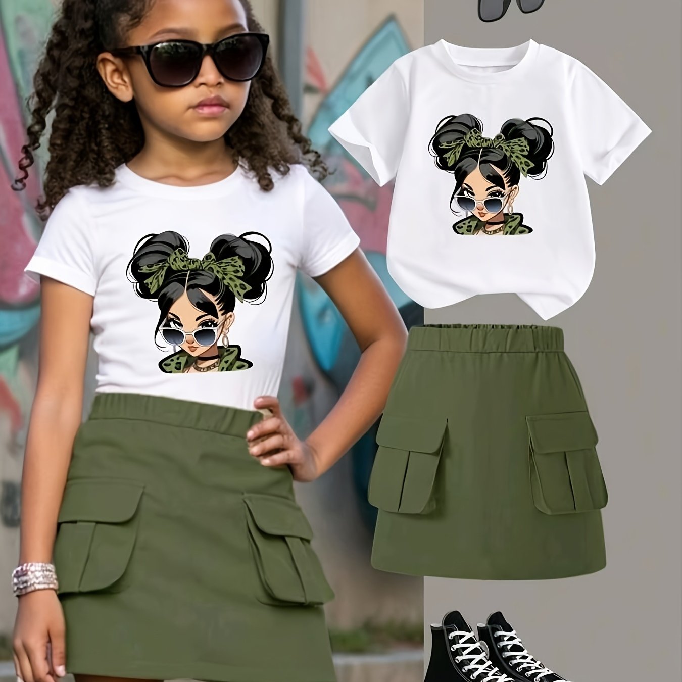 Image of Girls' Novelty Clothing Set, Easy Pattern Short Sleeve Round Neck T-shirt And Cargo Skirt 2pcs Set, Suitable For Summer Casual Wear, For Outdoor