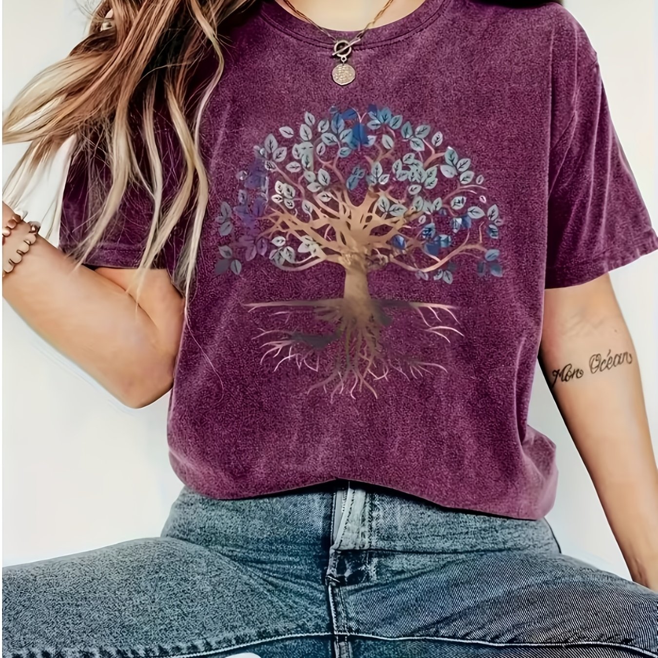 TEMU Women's Tree Of Life T-shirt - Short Sleeve Round Neck Casual Blouse Top With Tree Of , Breathable Machine Washable Suitable For Spring Summer
