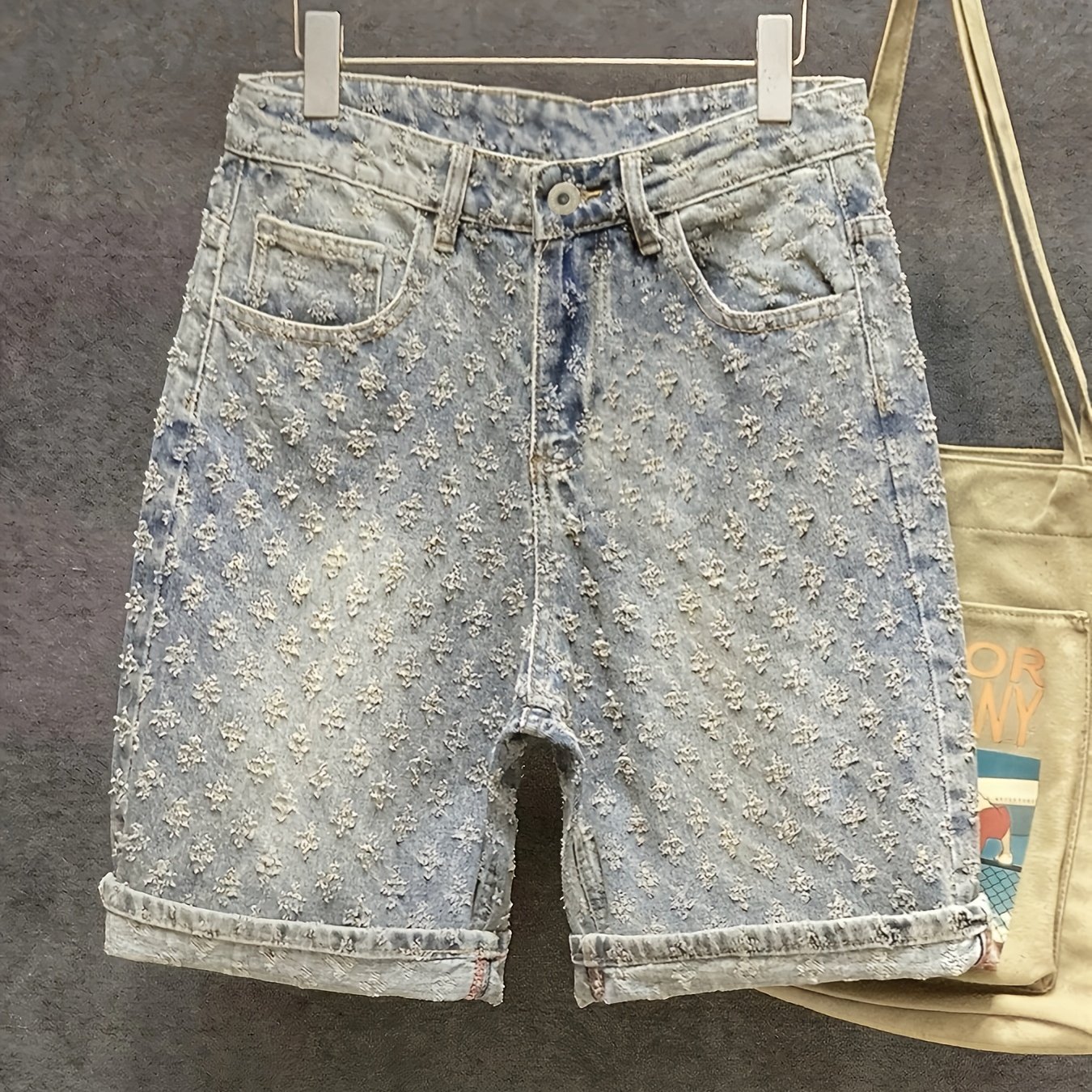Fashion Casual Denim Shorts With Floral Pattern And Distressed Details | Non-stretch Fabric, Regular Fit, Knee-length, Pockets