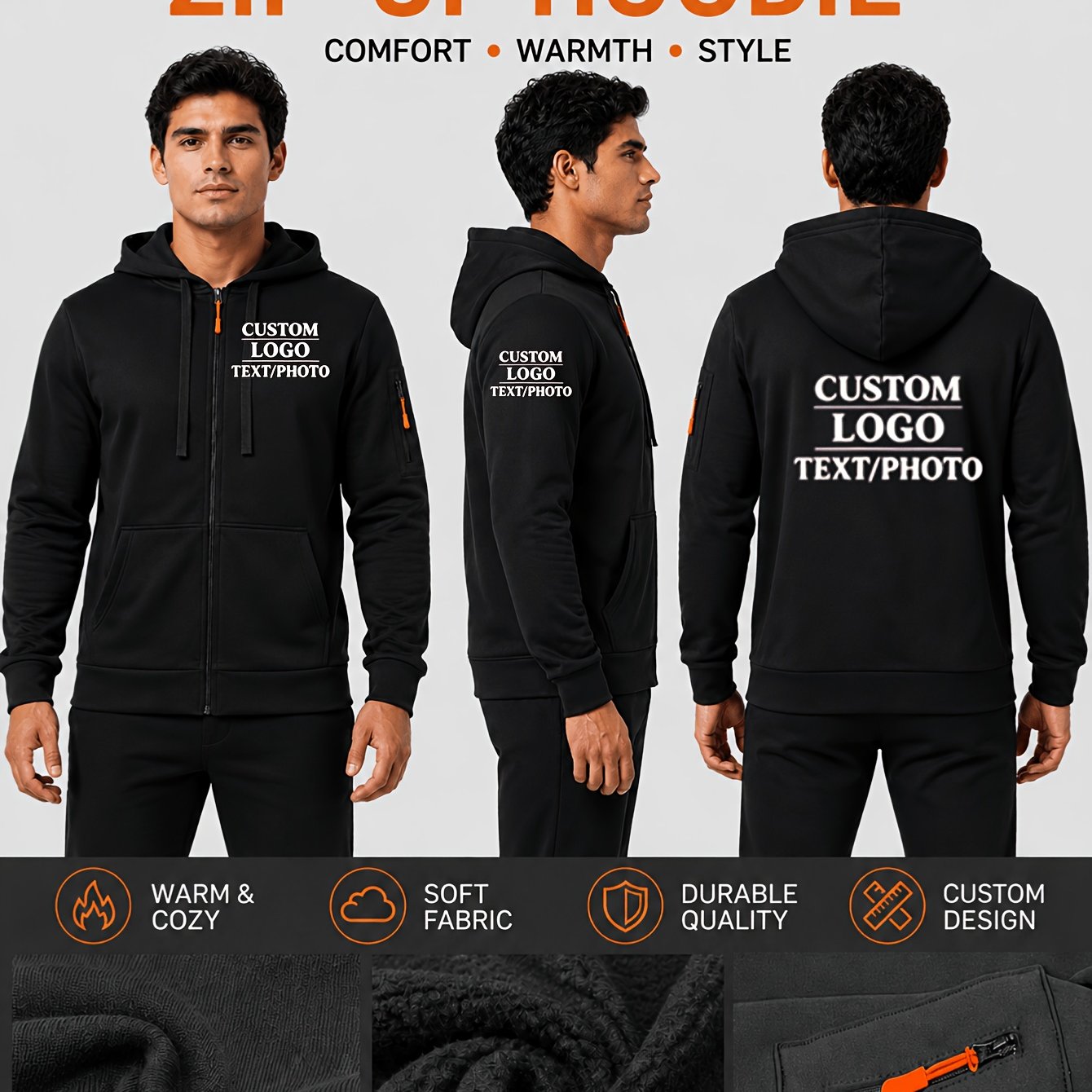TEMU Sweat à capuche zippé intégral en avec logo/ personnalisé, sweat-shirt décontracté et chaud pour équipe avec - Impression personnalisée sur la
