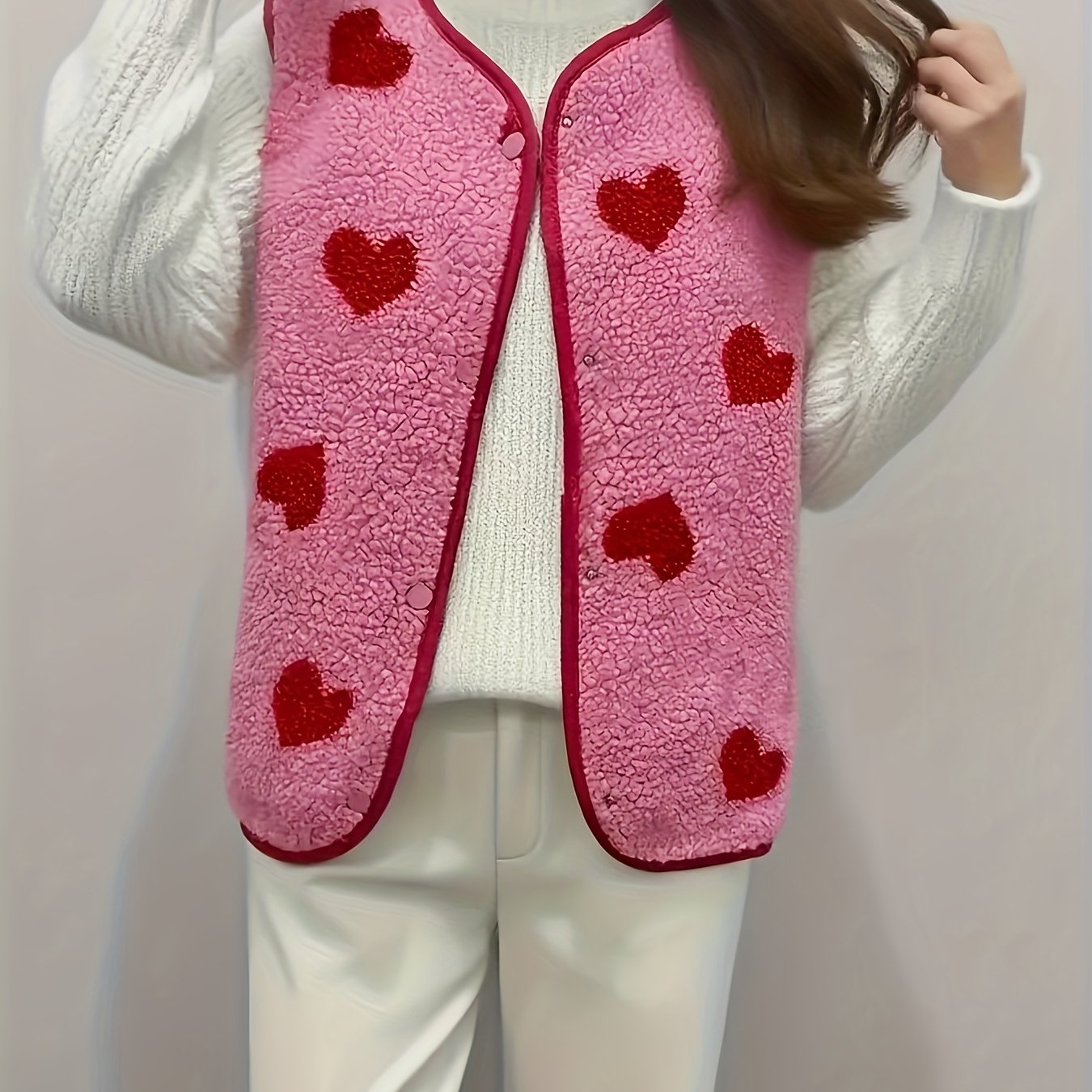 Ladies' Pink Heart Casual Fluffy Vest, Versatile For Autumn And Winter
