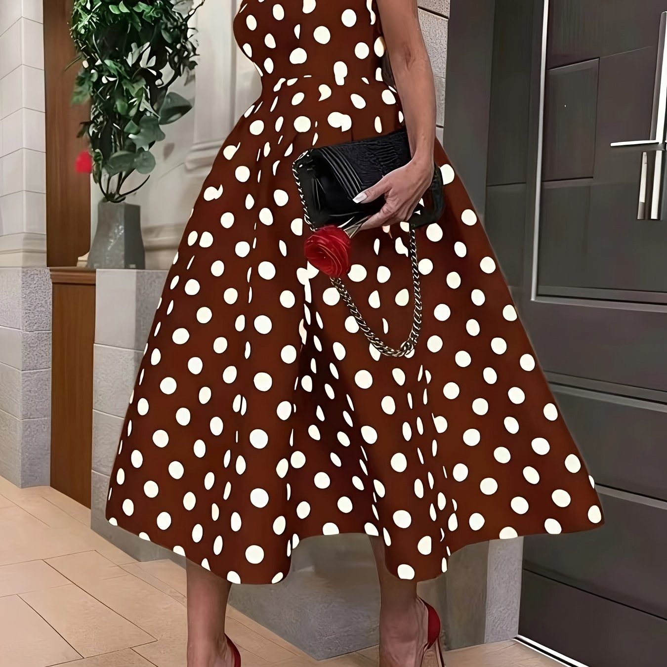 TEMU Elegant And Fashionable Polka Dot Print Dress, Vintage Sleeveless Cinched Waist Design, Perfect For Holiday Dates, Parties, And Versatile Daily